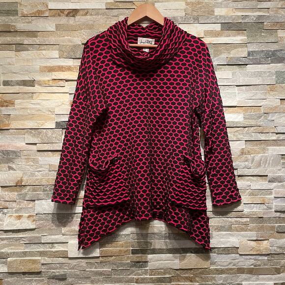 Joseph Ribkoff US 8 Cowl Neck Tunic | Pink Black Wave Print Textured Knit Pocket - Picture 3 of 6